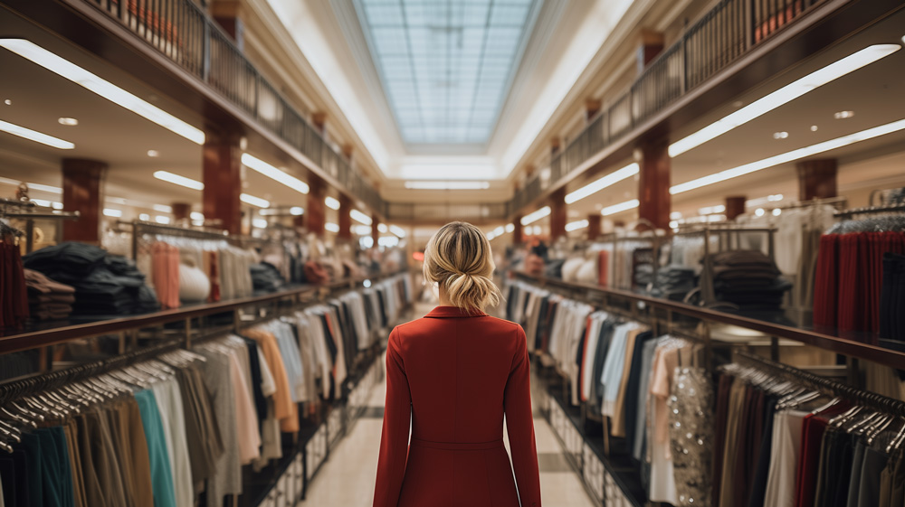 A woman walking down the middle of an endless aisle of clothing